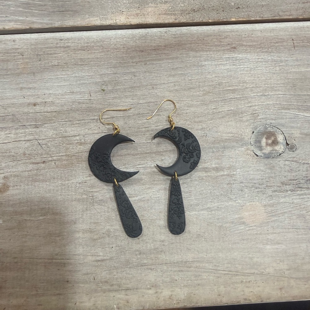 Black Crescent Moon Clay Earrings